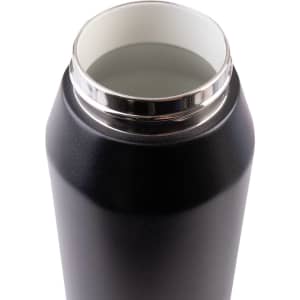 A drink bottle with a sleek black matte finish and a shiny silver rim around the opening.