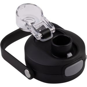 A drink bottle lid featuring a quick-release mechanism, predominantly black with a transparent section.