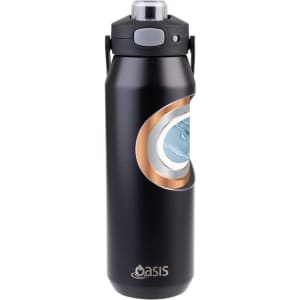 A drink bottle in black with a vacuum quick release lid, featuring a design and an Oasis logo.