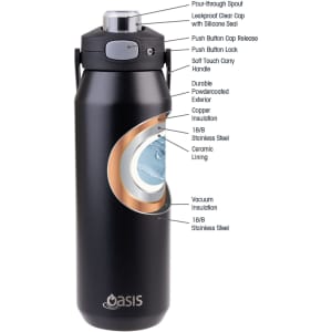 A drink bottle in matte black with a stainless steel body, featuring a quick release lid and durable handle.