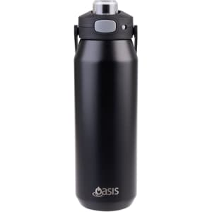 A drink bottle with a black matte finish, featuring a vacuum quick release lid and a handle, with a logo.
