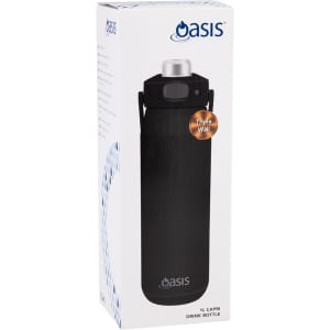 A drink bottle in black with a stainless steel lid, featuring a triple-wall design and an attached carrying handle.