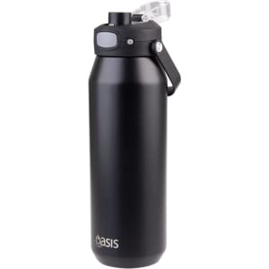 A drink bottle in matte black with a vacuum quick release lid and a carry handle, featuring a logo.
