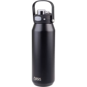 A drink bottle in matte black featuring a vacuum quick release lid and a sturdy handle. It includes a logo.