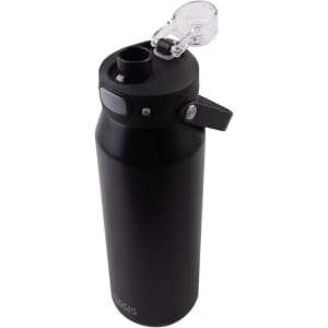 A drink bottle in matte black with a clear quick-release lid and a side handle, featuring a logo.