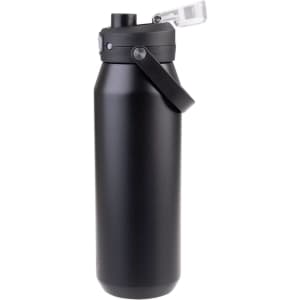 A drink bottle in matte black with a vacuum quick release lid and a handle, featuring a logo.