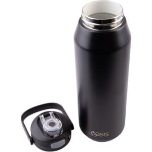 A drink bottle with a sleek black exterior and a quick release lid, featuring a separate lid component.
