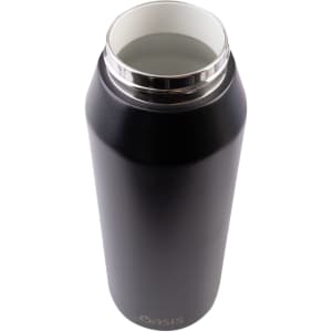 A drink bottle with a sleek black matte finish and stainless steel lid, featuring an internal vacuum design.