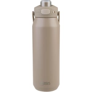 A drink bottle in a soft beige hue featuring a vacuum quick release lid and a sturdy carrying handle.