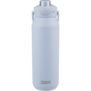 A drink bottle in pale blue with a vacuum quick release lid and a handle. Features an oval logo on the front.