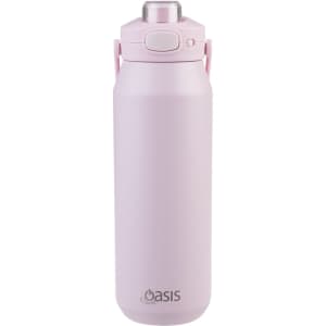 A drink bottle in pastel pink, featuring a quick release lid and a logo on the front.