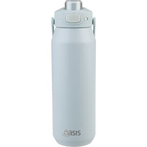 A drink bottle in a light blue hue with a quick release lid and a handle. It features a logo on the front.