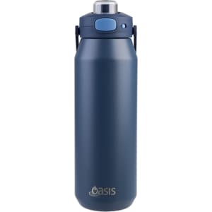 A drink bottle in navy blue featuring a quick release lid and a logo on the front, designed for easy hydration.