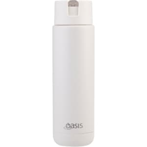 A drink bottle in white, featuring a sleek, modern design and a logo on the front.