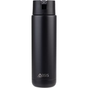 A drink bottle in matte black, featuring a lid and a logo, designed for vacuum insulation.