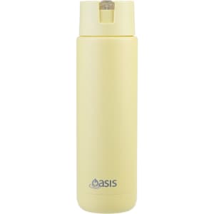 A drink bottle in a soft yellow colour with a flip-top lid and a logo on the front.