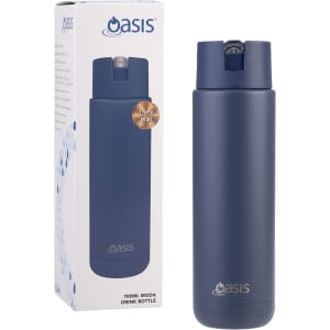 A drink bottle in navy blue with a sleek design, featuring a logo and packaged in a box.