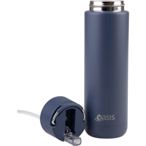 A drink bottle in navy blue with a silver lid and a detachable clear straw. Features a logo on the side.