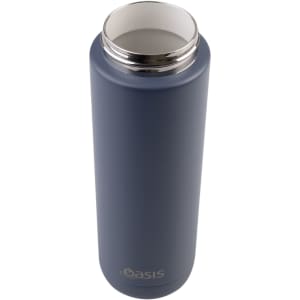 A drink bottle in navy blue with a stainless steel opening and an embossed logo.
