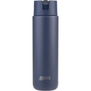 A drink bottle in navy blue with a sleek design and a lid, featuring a logo on the front.