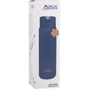 A drink bottle in navy blue with a push-button lid and triple wall insulation, featuring a branding logo.