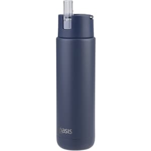 A drink bottle in navy blue, featuring a lid with a spout. It has branding on the side.