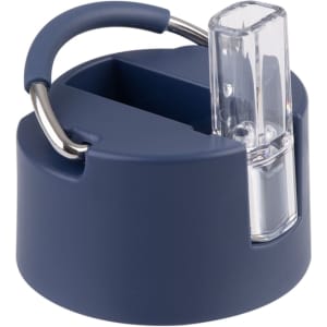 A drink bottle lid in navy blue with a clear spout and metal handle, featuring a sleek design.