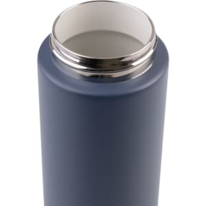 A drink bottle with a sleek navy exterior and a silver-coloured rim at the opening, featuring a logo.