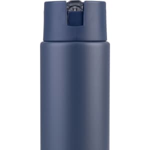 A drink bottle in a navy blue colour, featuring a sleek design and a functional lid. It has a logo on the side.