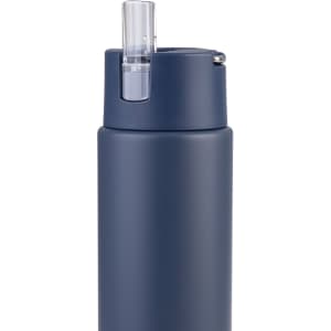 A drink bottle in navy blue with a flip-top lid and a built-in straw. It features a logo on the side.