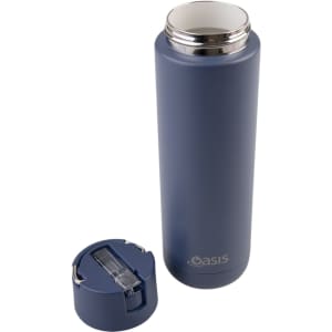 A drink bottle in navy blue with a stainless steel interior and a separate lid. It features a logo.