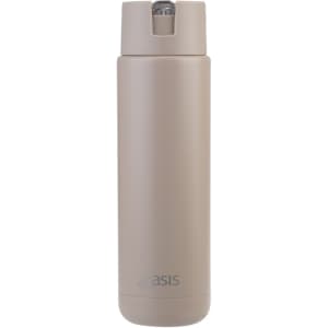 A drink bottle in a sandy beige colour with a sleek design and a logo on the side.