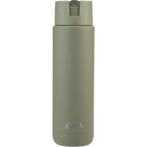 A drink bottle in muted green with a sleek design and a logo near the base. It features a secure opening mechanism.