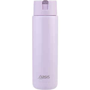 A drink bottle in pale lilac with a sleek design, featuring a logo and a flip-top lid.