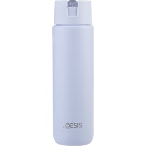 A drink bottle in light blue with a sleek design and a logo. It features a screw-on lid for easy access.