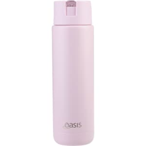 A drink bottle in a soft pink colour with a sleek design and a logo on the front.
