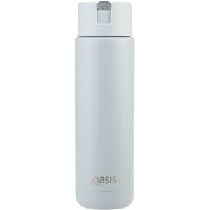 A drink bottle in soft grey with a sleek design and a logo, featuring a screw-top lid.