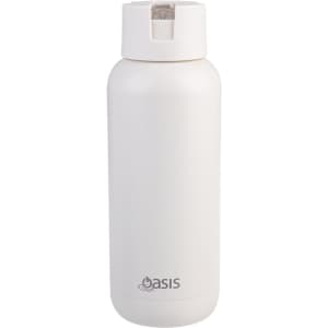 A drink bottle in a sleek white design, featuring a lid and a logo on the front.
