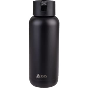 A drink bottle in matte black finish with a black lid and a logo on the front.