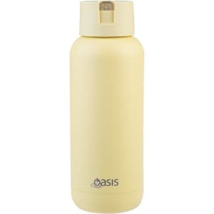 A drink bottle in soft yellow with a screw top and a logo on the front.