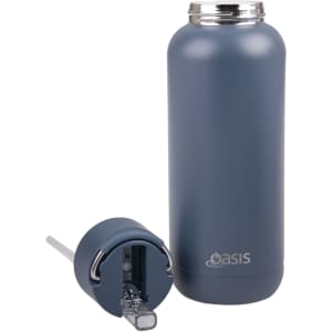 A drink bottle in matte navy blue, featuring a stainless steel lid and a removable straw. It has a logo.
