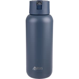 A drink bottle in navy blue with a secure lid and a small spout, featuring a logo on the front.