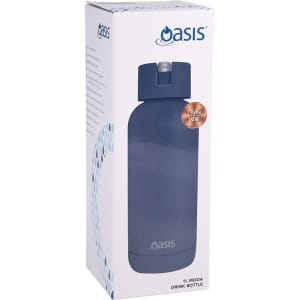 A drink bottle in navy blue packaging with a sleek design and a cap. The bottle features a logo on the front.