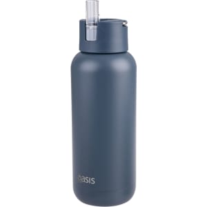 A drink bottle in a matte dark grey colour, featuring a straw lid and a logo.