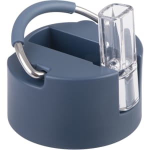 A drink bottle cap in navy blue with a clear spout and a metal loop for attachment. It features a logo.