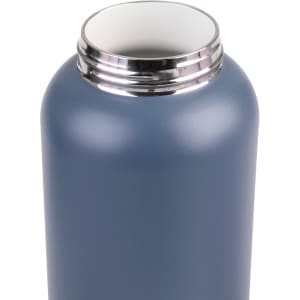 A drink bottle in matte blue, featuring a stainless steel rim and a wide mouth opening. It has a simple logo on the side.