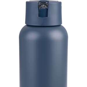 A drink bottle in a matte navy blue finish, featuring a flip-top lid, and includes a logo on the body.