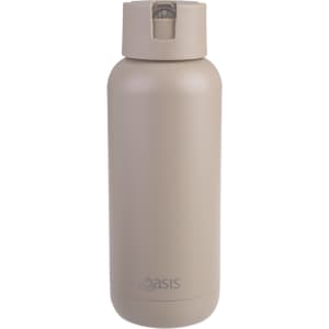 A drink bottle in a light beige colour with a secure flip-top lid and a small spout, featuring a logo.
