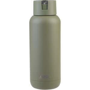 A drink bottle in matte olive green with a screw-top lid and a logo on the front.