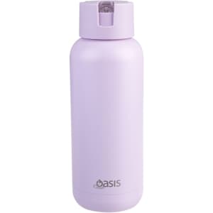 A drink bottle in a pastel purple hue with a screw-top lid and a small logo on the front.